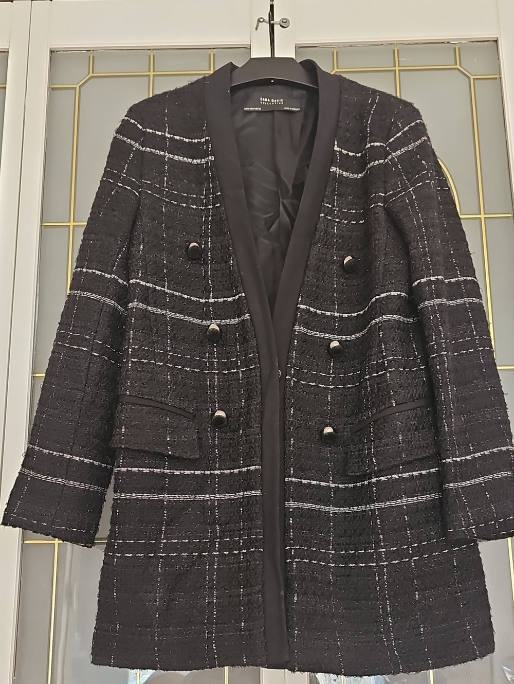 Zara Black Tweed Double-Breasted Coat Jacket